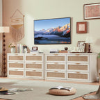LEYAOYAO Rattan 6 Drawer Dresser for Bedroom Set of 2, Boho 54" Wide White Dresser Chest of Drawers, Dressers TV Stand with Metal Handle, Storage Dressers Closet Organizer for Living Room, Hallway