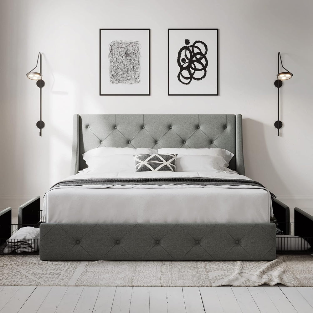 Allewie Queen Bed Frame with 4 Storage Drawers and Wingback Headboard, Button...