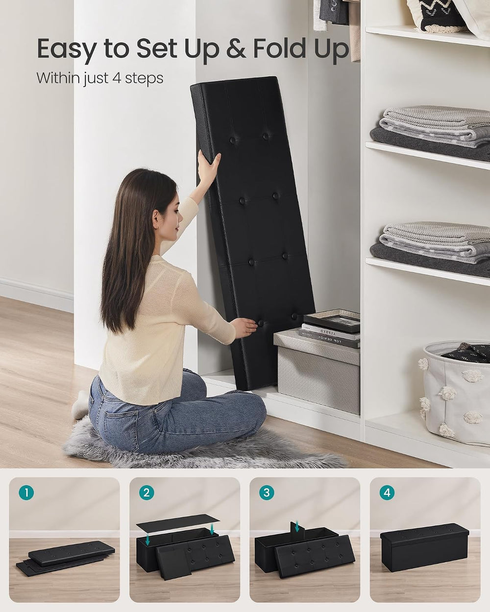 SONGMICS MAZIE Collection - 43 Inches Folding Storage Ottoman Bench, Ottoman ...