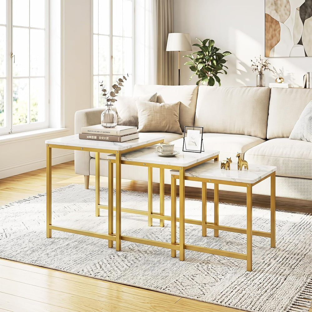 Giantex Nesting Coffee Table Set of 3, Small Center Tables, White | Faux Marb...