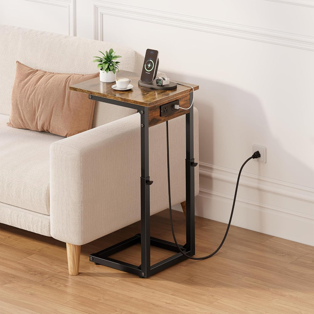 Vagusicc C Shaped End Table with Charging Station, 33"Tall Side Table fo...