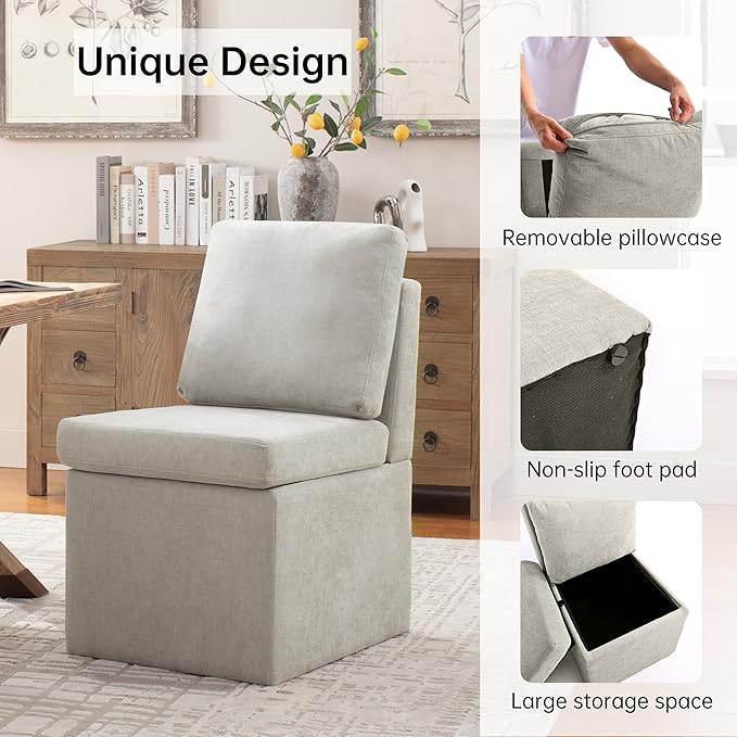 VKNOW Upholstered Dining Chairs, Modern Kitchen Chairs with Storage, Linen Armchair Dining Room Chairs for Kitchen Room (Light Grey, Set of 2)