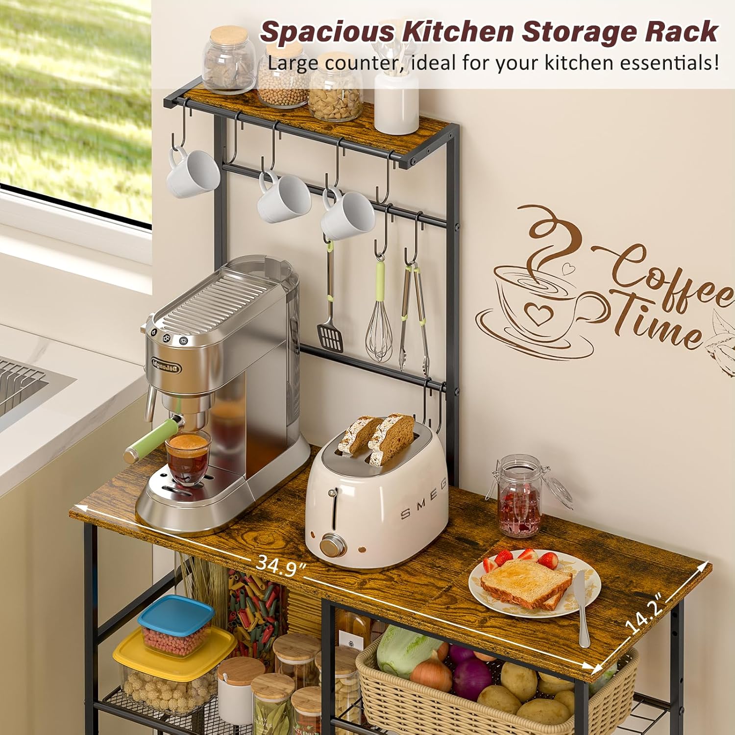 3IngSeagulls Bakers Rack with Power Outlet, Kitchen Microwave Stand with 10 S-shaped Hooks, 6-Tier Coffee Bar Station, Kitchen Storage Shelf Rack for Spices, Pots, Rustic Brown
