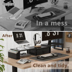 LAND·VOI Dual Monitor Stand with Drawer and Side Pockets, Monitor Riser for Desk, Home Office Desk Storage, Multi-Scenario Adaptation for Work and Entertainment, Black, HMS02BK