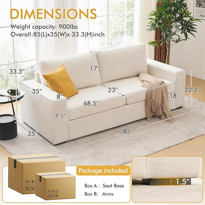 ELUCHANG 85" Modern Sofa Couches for Living Room, 3 Seater Sofa, Natural Linen Deep Seat Sofa with Upholstered Cushion&Detachable Cover, Comfy Sofa Couch for Small Space, Apartment, Beige