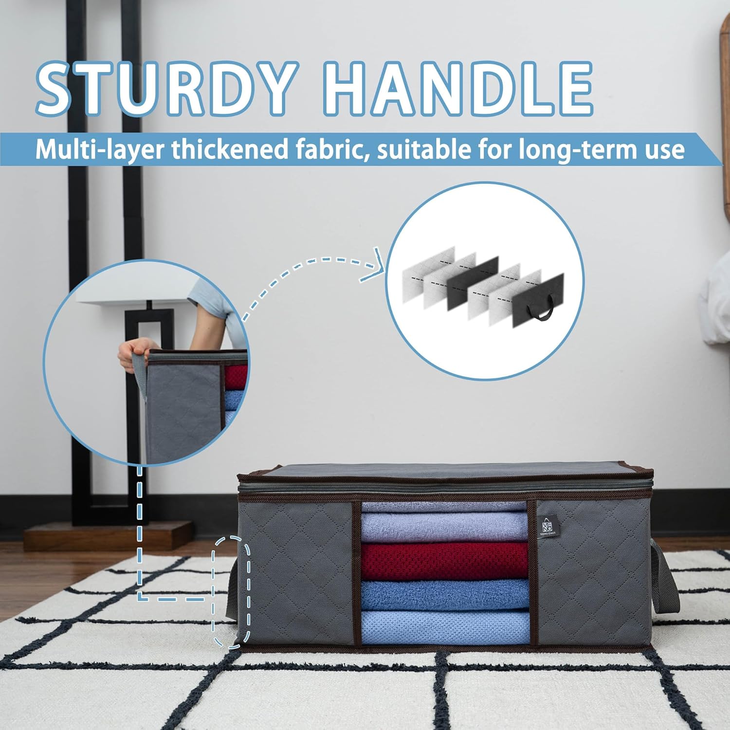 VENO 3 Pack Medium Clothes Storage Bag Organizer with Reinforced Handle Thick Fabric for Comforters, Blankets, Bedding, Foldable with Sturdy Zipper, Clear Window, Grey, Reusable (9.5 Gallon)