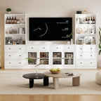TUSY 71" Large TV Stand Set - TV Entertainment Center for TVs up to 65", Media Center with Tempered Glass Doors and Drawer, TV Hutch with Bookshelves for Living Room (White, BFFB)