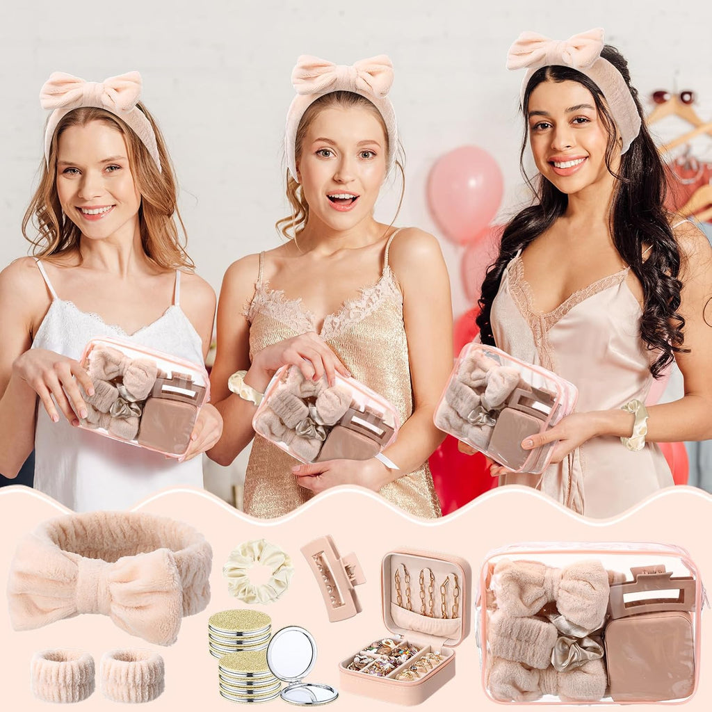 48 Pcs Sleepover Party Supplies Kit Bridesmaid Proposal Gifts Slumber Birthday Spa Party Favors Bow Headband Scrunchies Jewelry Case Makeup Bag Mirror for Gifts (Beige)