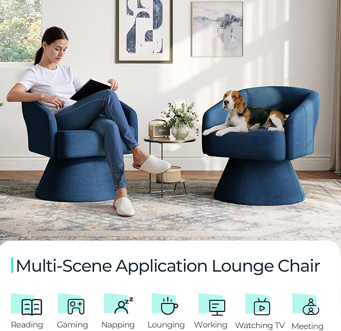 LINSY Swivel Barrel Chair, 360 Modern Swivel Accent Chair Boucle Swivel Chair Round Blue Velvet Chairs with Arms, Small Barrel Chair for Small Spaces Bedroom Living Room