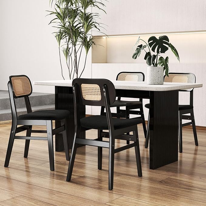 Black Rattan Dining Chairs Set of 4 Lambswool Dining Room Chairs Natural Wooden Kitchen Chairs Farmhouse Boho