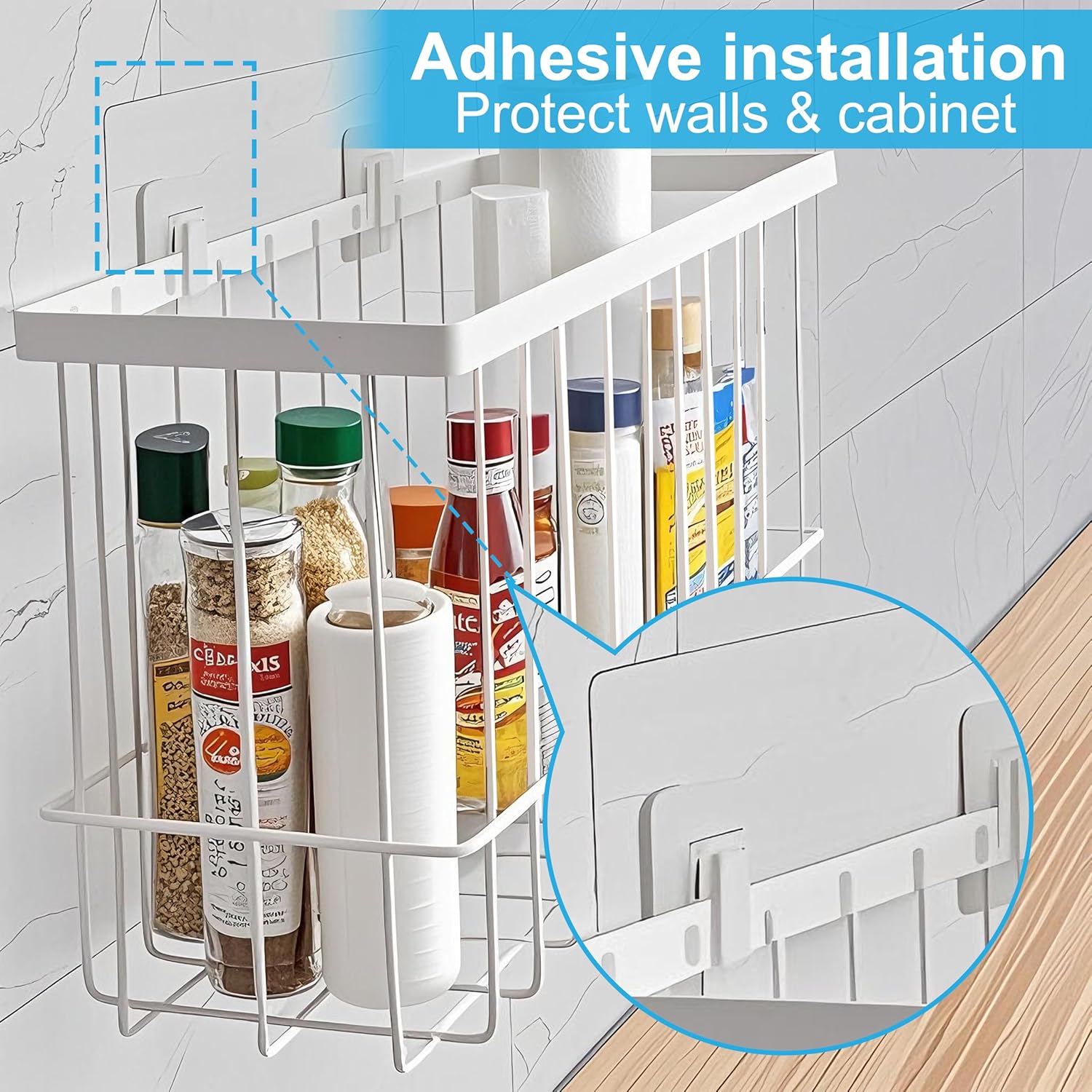 2 Pack Cabinet Organizer Storage, Over Cabinet Door Organizer with 2 Adhesive, 2 Sponges, 4 Hooks, No Drilling Space Saver Lid Organizers Inside Cabinet for Kitchen Office Bedroom (Small, Medium)