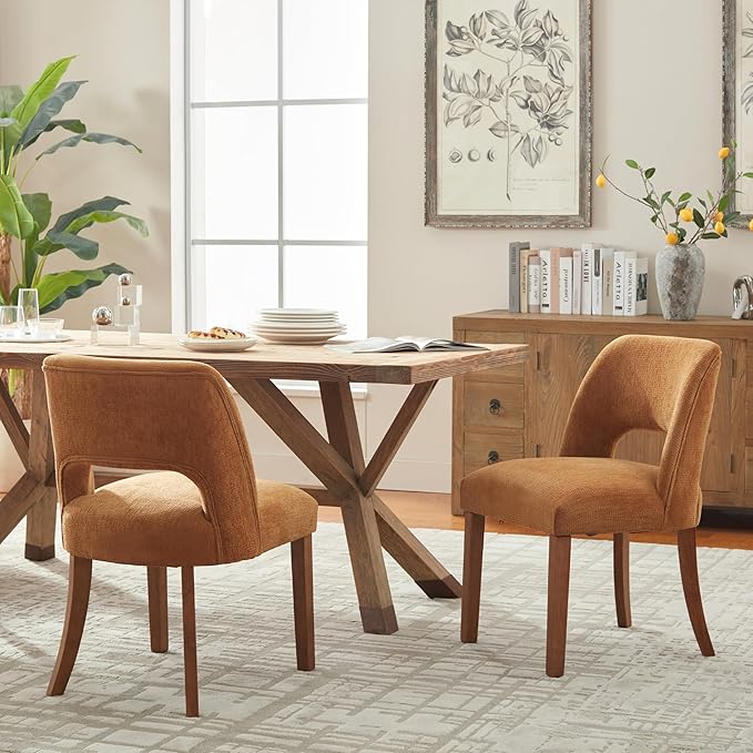VKNOW Wooden Dining Chairs Set of 2, Modern Fabric Upholstered Dining Room Chair Kitchen Chairs, Farmhouse Dinner Chair for Kitchen Dining Room, Orange