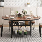 VFK 47.2"-63" Extendable Round Dining Table Set for 4–6, Solid Wood & Metal Table with Wine Rack Storage Shelf, Walnut Kitchen Furniture with 4 Upholstered Chairs (Storage Table and 4 Brown Chairs)
