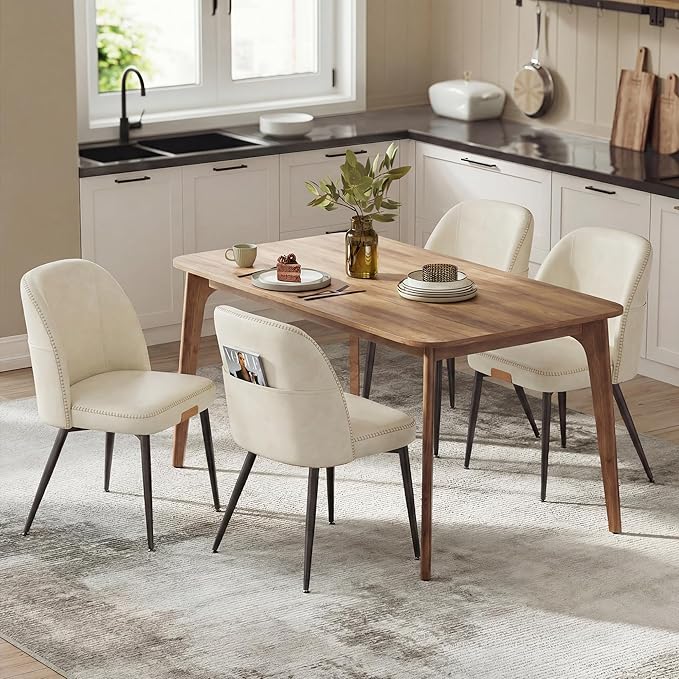 VASAGLE EKHO Collection - Dining Chairs Set of 4, Upholstered Kitchen Chairs, Comfortable Seat, Synthetic Leather with Stitching, Mid-Century Modern, Easy Assembly, with Storage Pocket, Cream White