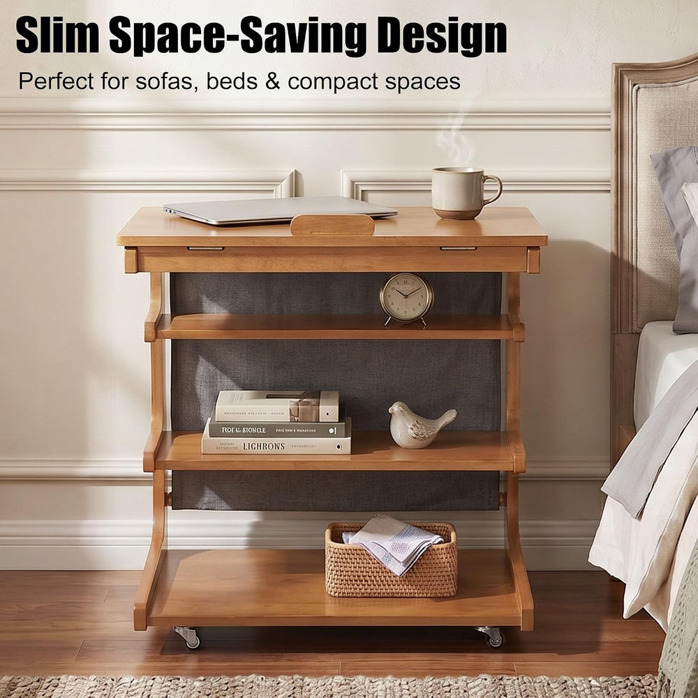 100% Solid Wood C Shaped End Table with Swivel Wheels, Lift Top Couch Table w...
