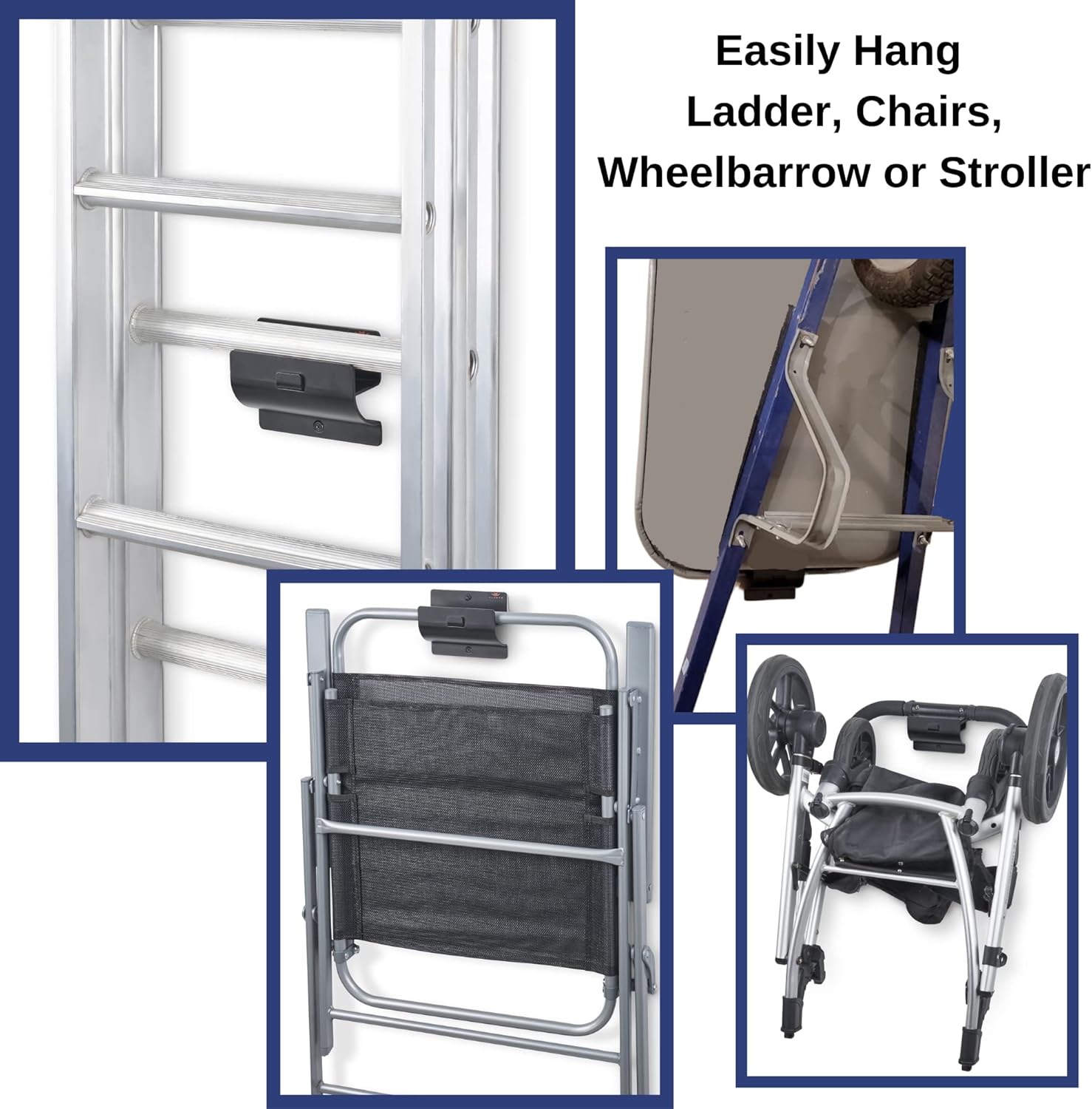 Ladder Hanger set of 4 For Garage Wall - Black Heavy Duty Utility Hook For Wall Mount Ladder Storage. Versatile Tool Holder To Maximize Space In Garden, Shed, Workshop, Hang Wheelbarrow, Folding Chair