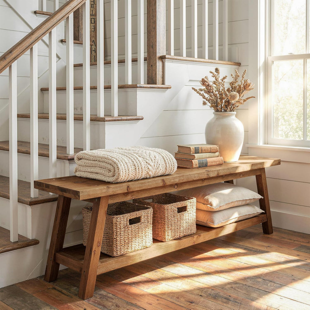 Solid Wood Entryway Bench with Shoe Storage Shelf, 62.99" Long Rustic Ha...