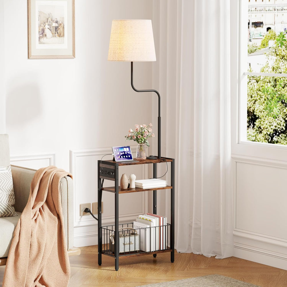 HavenlyYouth Floor Lamp with Table & Storage Baskets, End Table with 3 Co...
