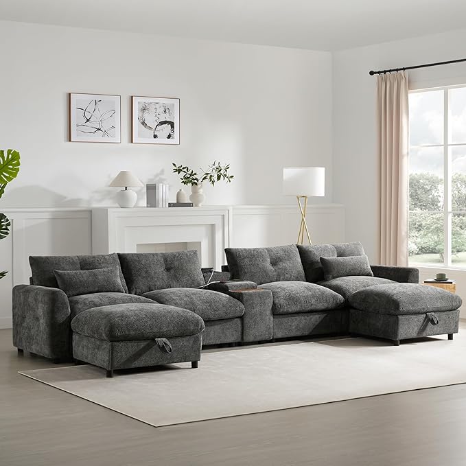 Merax 142'' Modular Sectional Sofa Set with Movable Storage Ottoman and Console, Cup Holder, Wide Seat, 6 Seat U Shaped Couch, Oversized Chenille Sofa with USB Charger for Living Room, Apartment, Gray