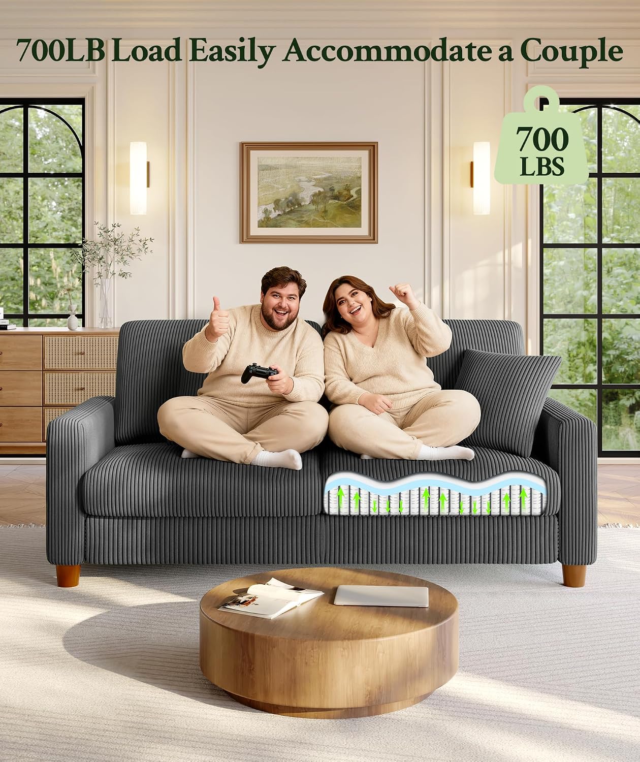 Welzona 70.2" Couches for Living Room, Comfy L Shaped Couch Grey 7.1" Thicker Cushion, Sofas for Living Room Tool-Free Setup, Loveseat with Ottoman 705lbs Support, Corduroy Couch for Bedroom, Office