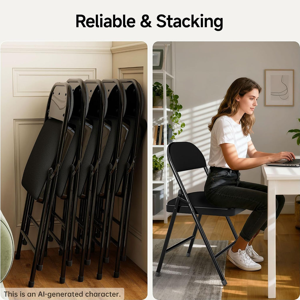 10 Pack Leather Padded Folding Chair, Metal Frame with Pu Leather Seat & Back, 650 LB Capacity Pu Leather Folding Chair with Comfortable Cushion for Events Home Office Black