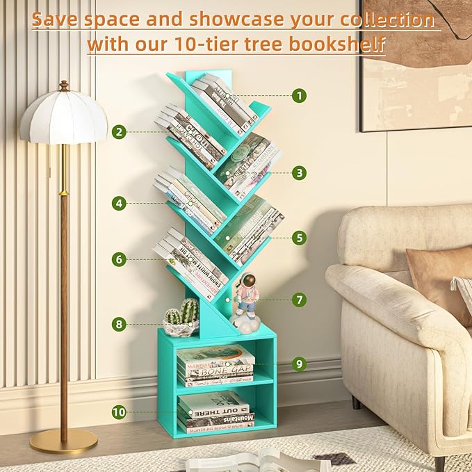 10 Tier Tree Bookshelf,Floor Standing Wood Tall Bookcase for Narrow Space, St...