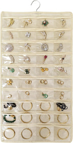 80 Pocket Hanging Jewelry Organizer with Hanger Metal Hooks Storage On Wall Door Closet Double-Sided(Each Side 40 Pockets) Jewelry Holder for Earrings, Necklaces, Rings (4 PACK BEIGE)