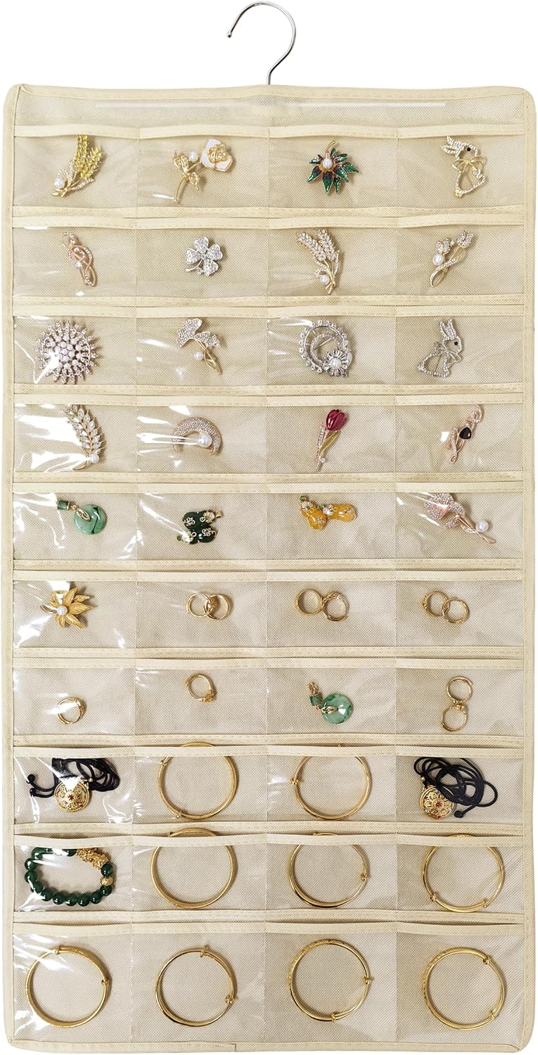 80 Pocket Hanging Jewelry Organizer with Hanger Metal Hooks Storage On Wall Door Closet Double-Sided(Each Side 40 Pockets) Jewelry Holder for Earrings, Necklaces, Rings (4 PACK BEIGE)