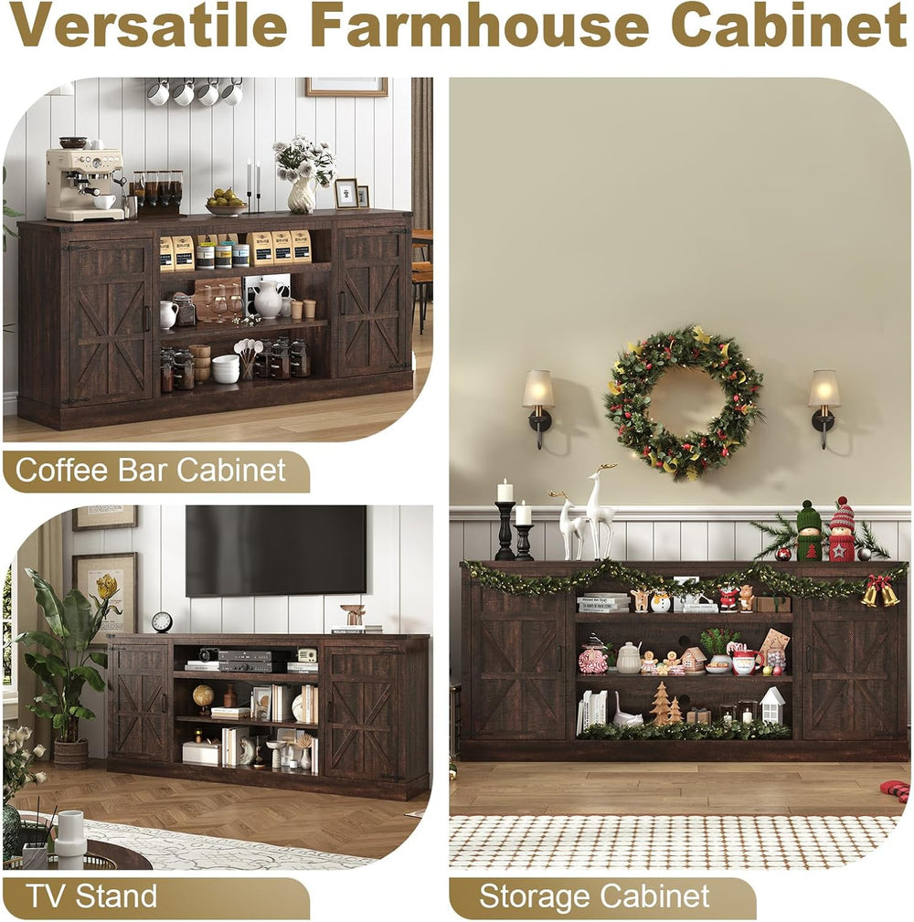 XVD 75" Farmhouse Coffee Bar Cabinet with Charging Station, Sideboard Bu...