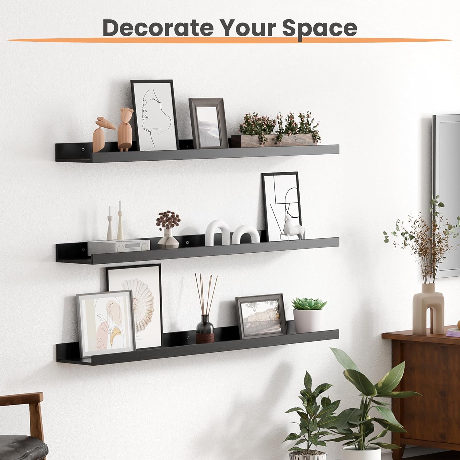 upsimples Floating Shelves for Wall, 35.5 Inch Shelves for Decor Storage Set of 6, Wall Mounted Wood Shelf for Bedroom, Living Room, Bathroom, Kitchen, Long Picture Ledge Shelves, Black