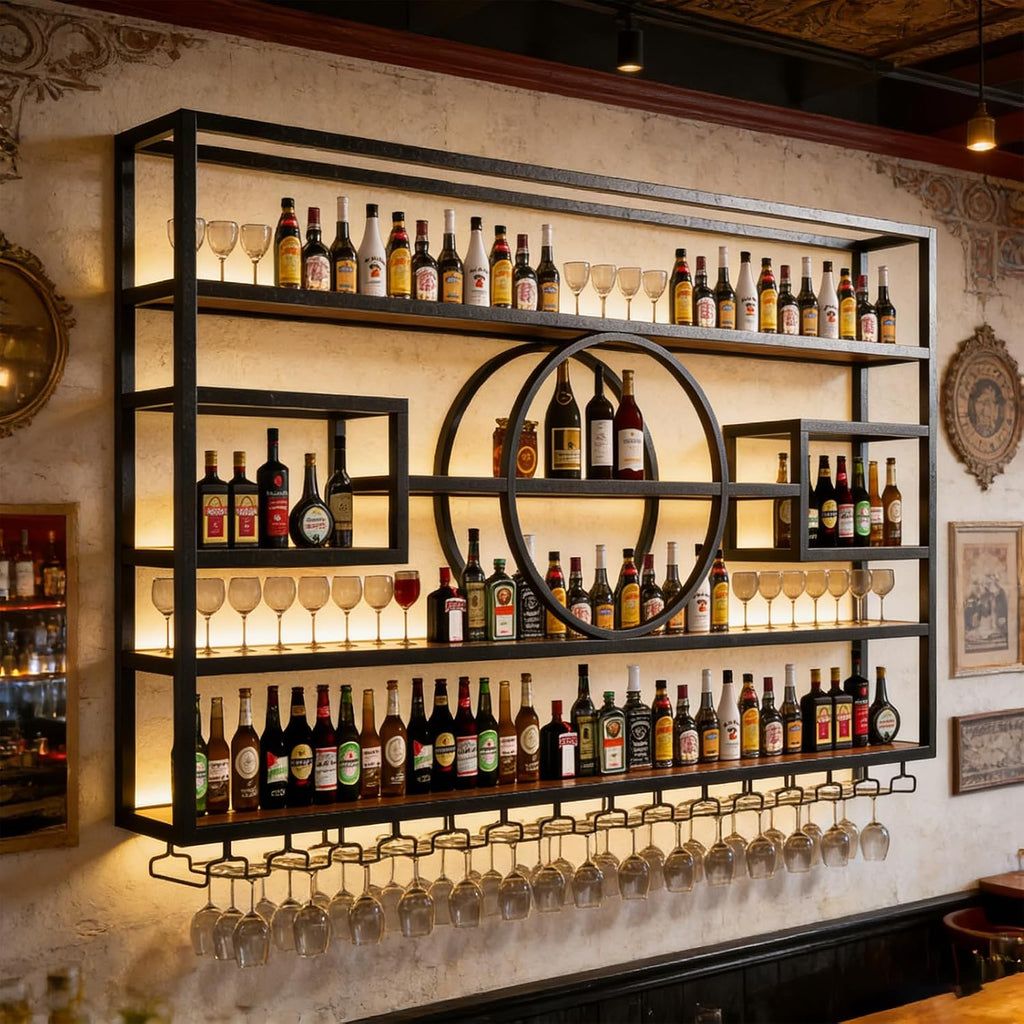 55.1in Large Wall Mounted Wine Rack, Modern Metal Wine Bottle and Glass Holder, 4-Tiers Liquor Bottles Floating Shelves Display Storage for Home Bar & Dining Room Decorative (Black, 55.1 * 8 * 51INCH)