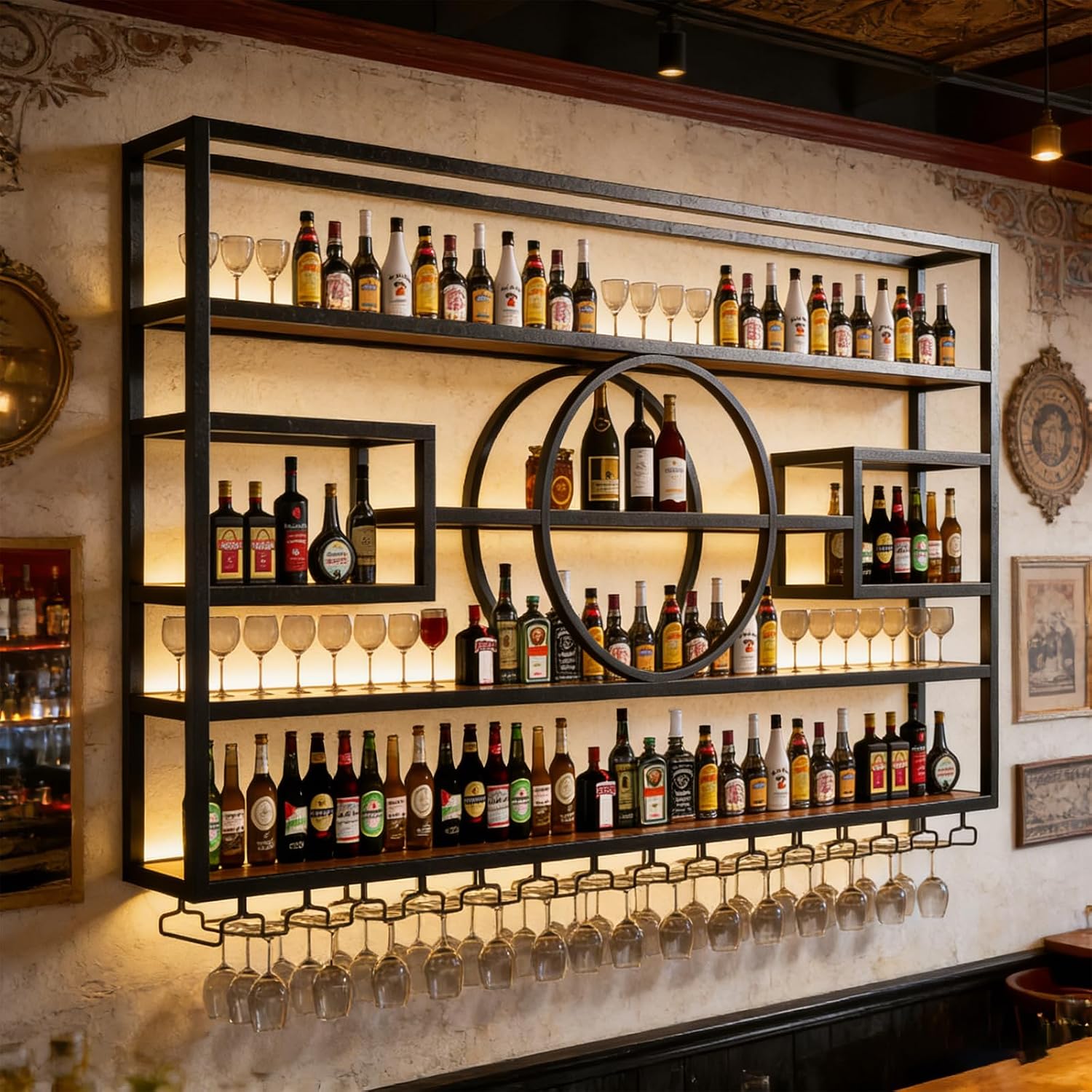 55.1in Large Wall Mounted Wine Rack, Modern Metal Wine Bottle and Glass Holder, 4-Tiers Liquor Bottles Floating Shelves Display Storage for Home Bar & Dining Room Decorative (Black, 55.1 * 8 * 51INCH)