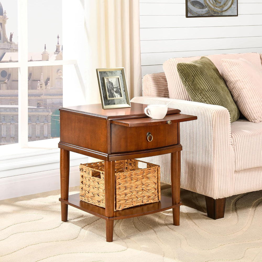 2 Tier Solid Wood Square End Table with Drawer, Wooden Sofa Side Table with P...
