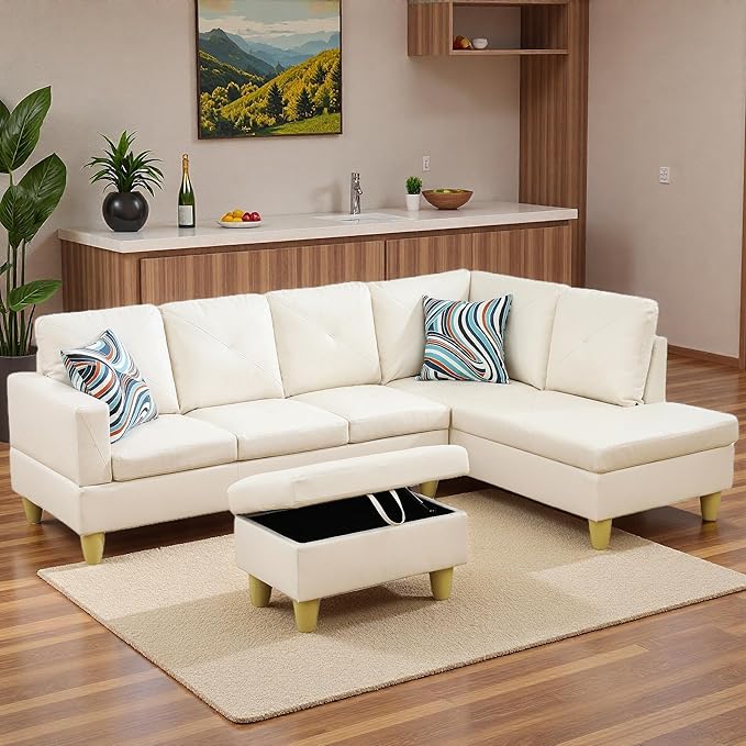 Sectional Couches for Living Room with Movable Chaise & Storage Ottoman - 97.5" Leather L Shaped Couches for Living Room Apartment, 4 Seat Home Furniture Modular Sectional Sofas, White