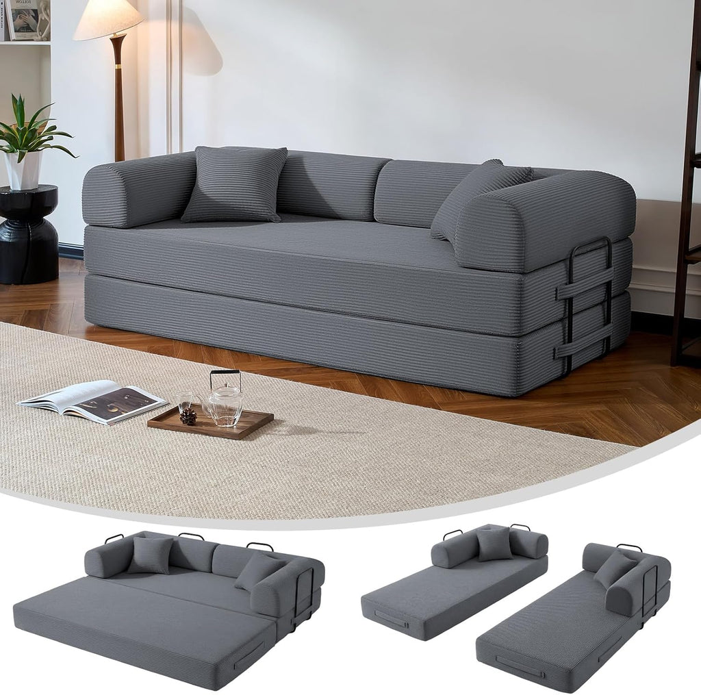 79" Boneless Couch for Living Room,Convertible Futon Sleeper Sofa Bed | 6-In-1 Boneless Couch,Corduroy Sleeper Sofa Bed with Pillows,Modular Floor Loveseat Pull Out Couch, No Assembly, Dark Gray