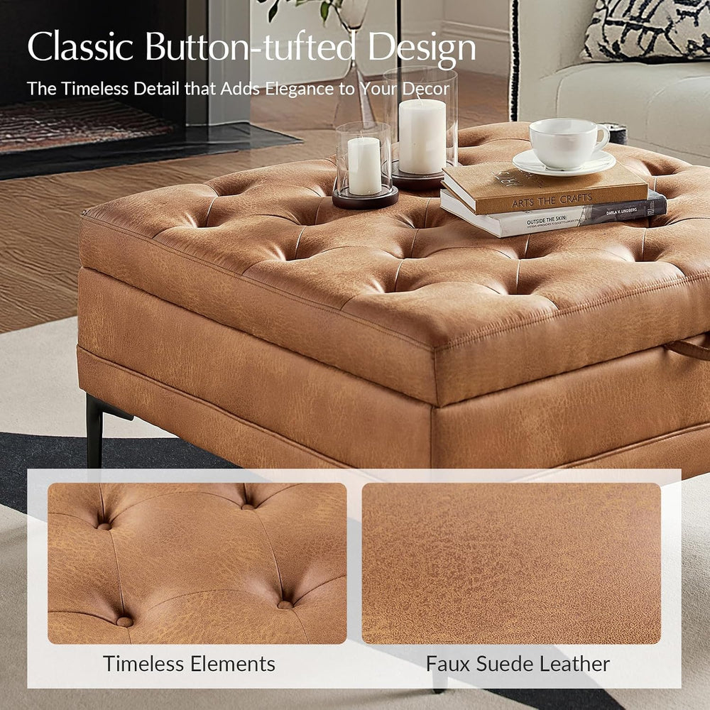 HULALA HOME Tufted Faux Leather Coffee Table, Camel | 36.5" Square Stora...