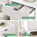 Fluted Nightstand with 3 Storage Drawers, 24" Wide Wood Bedside Table with Mental Handle, Mid Century Modern Wooden Side Table Night Stand, Curved End Table for Bedroom, Living Room, White