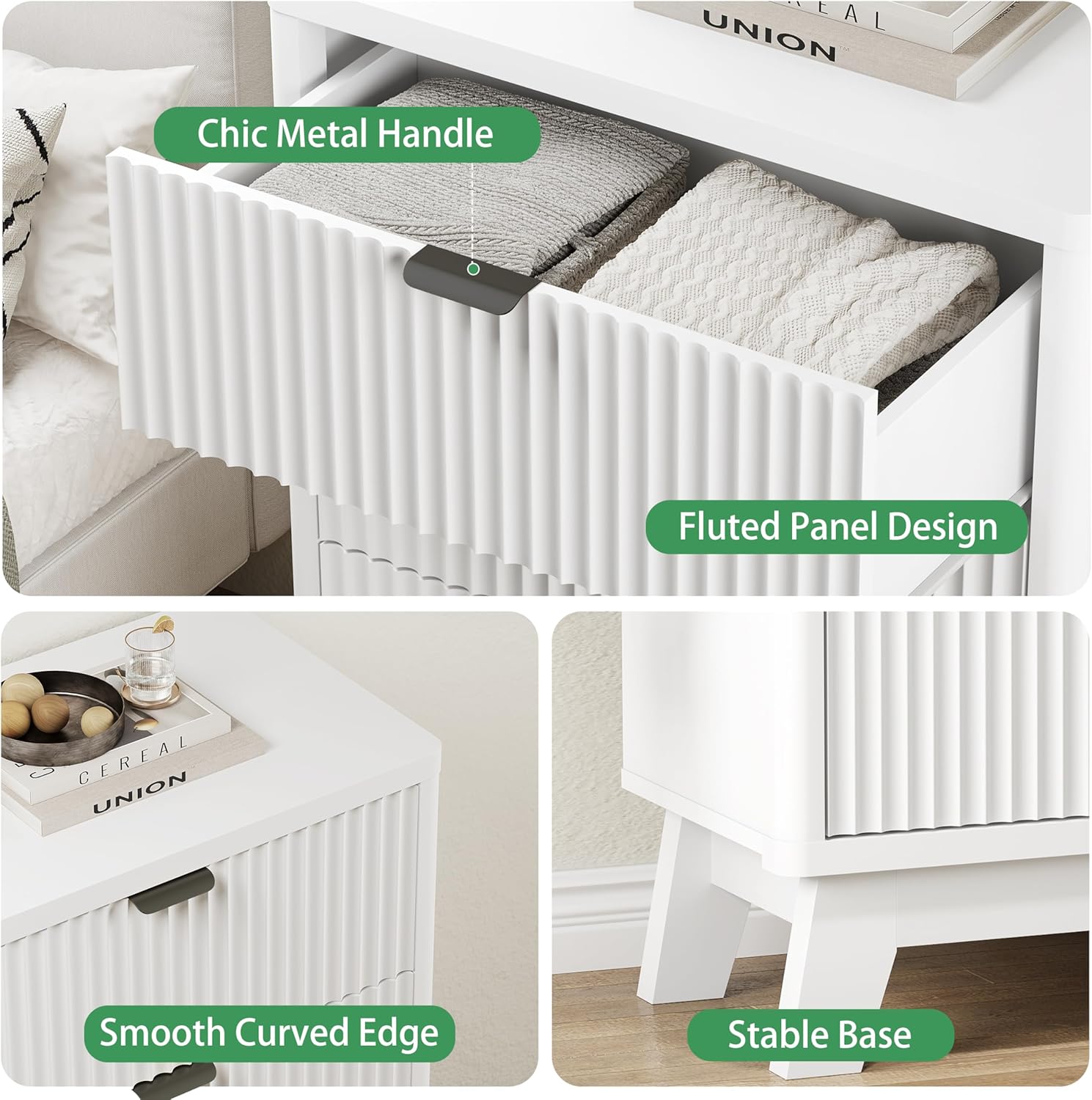 Fluted Nightstand with 3 Storage Drawers, 24" Wide Wood Bedside Table with Mental Handle, Mid Century Modern Wooden Side Table Night Stand, Curved End Table for Bedroom, Living Room, White