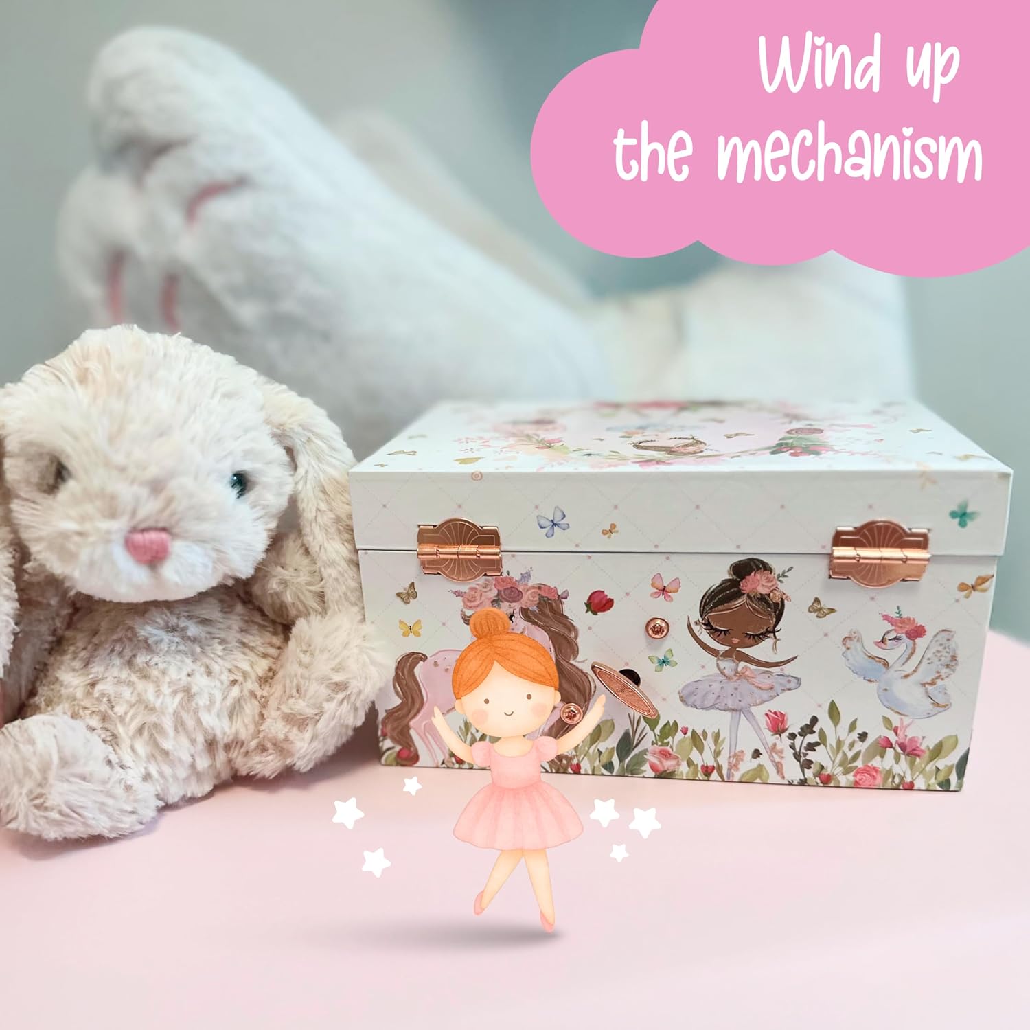The Memory Building Co Ballerina Musical Jewelry Box Plays Classic Melody, Storage Organizer Music Box for Kids Ages 6-12, MDF Wood w/ 2 Fabric Lined Ring Bracelet Necklace Treasure Compartments