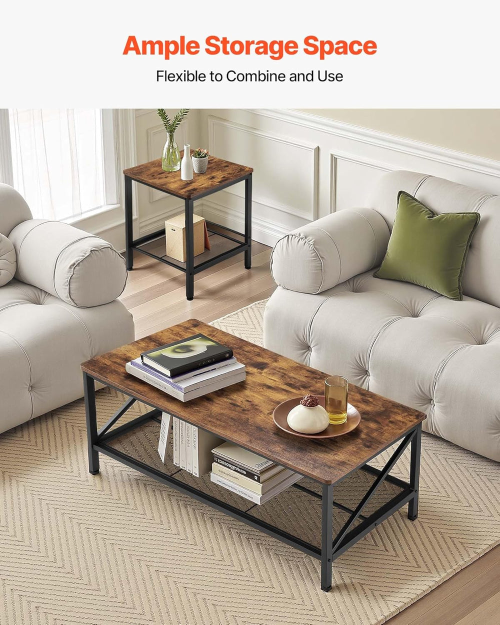 VEVOR 3 Pieces Living Room Table Sets, 41.3 in Industrial Coffee Table with 2...