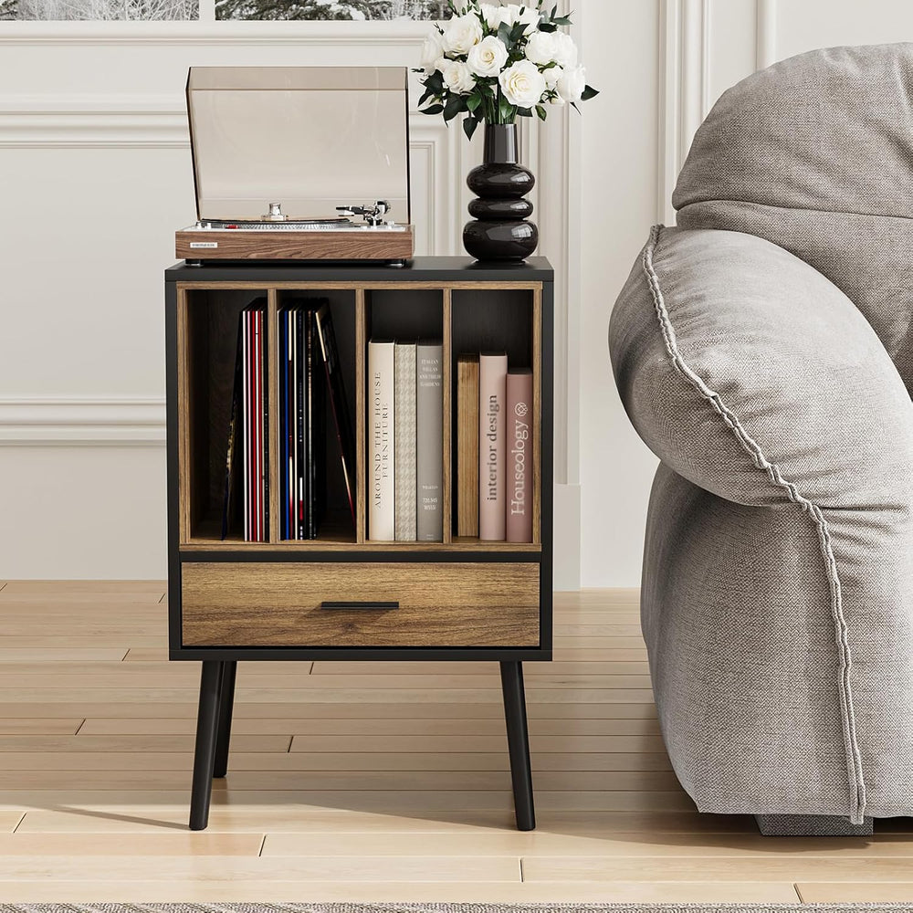 Kiasthome Black Record Player Stand with Storage Crate & Drawer, Vinyl Re...