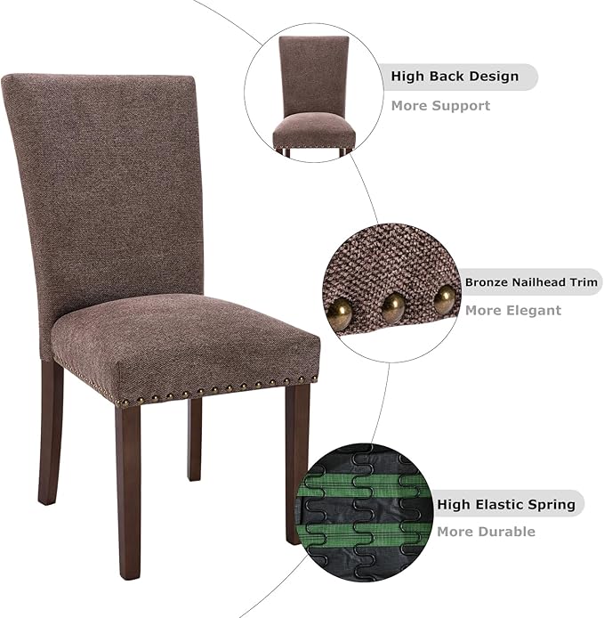 COLAMY Upholstered Parsons Dining Chairs Set of 2, Fabric Dining Room Kitchen Side Chair with Nailhead Trim and Wood Legs - Brown
