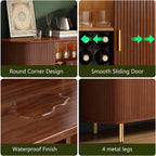 DHH 55" Wine Bar Cabinet with Storage, Fluted Liquor & Coffee Bar Cabinet with Wine Rack and Glass Holder, Buffet Sideboard with LED Lights for Home Kitchen Living Dining Room(Walnut)