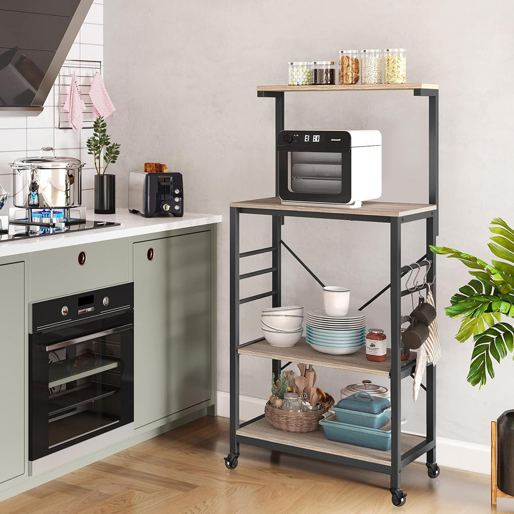 Yaheetech 4-Tier Rolling Bakers Rack,Microwave Stand Kitchen Cart,Gray | Kitchen Bakers Rack on Wheels with 6 S-Side Hooks and Adjustable Feet, Utility Storage Shelf