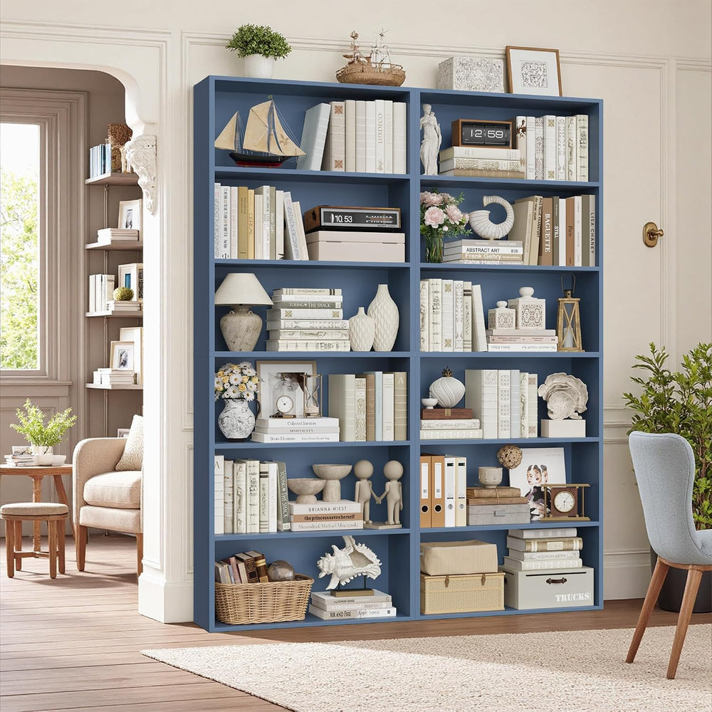 FOTOSOK 6 Tier Tall Bookshelf and Bookcase, Open Display Shelves, Blue 2PK