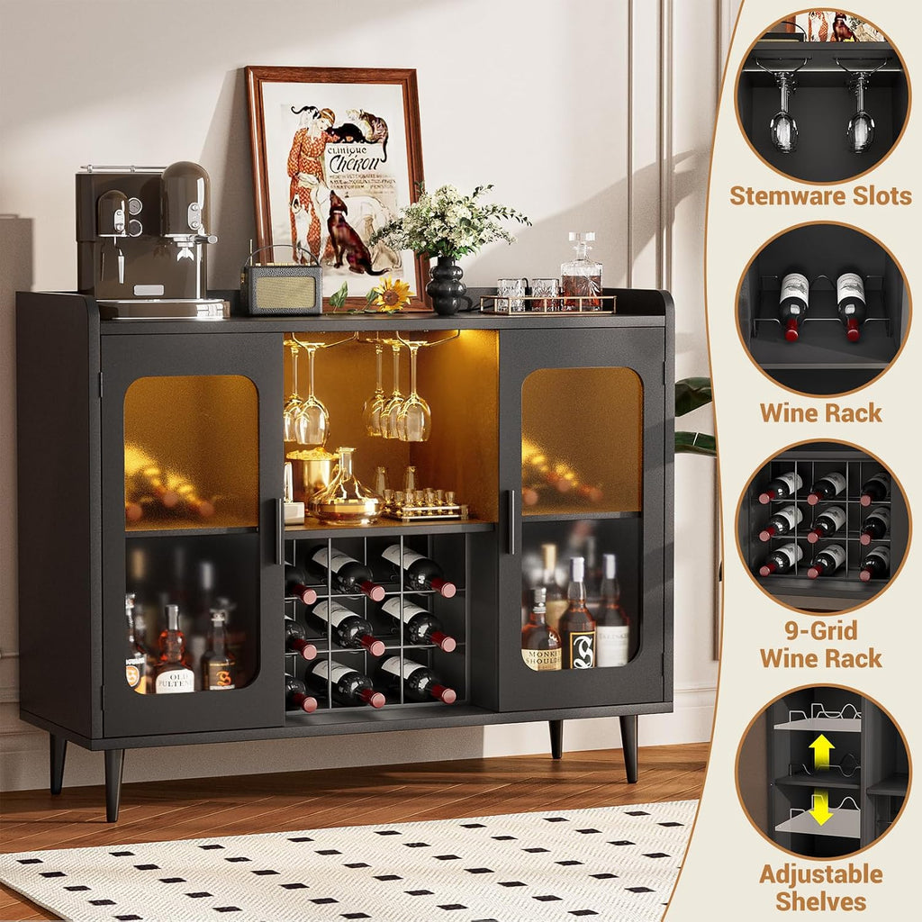 iSunirm Bar Cabinet with LED Light and Glass Holder, Home Coffee Bar Cabinet, Buffet Sideboard with Storage Shelf for Kitchen, Dining Room, Black