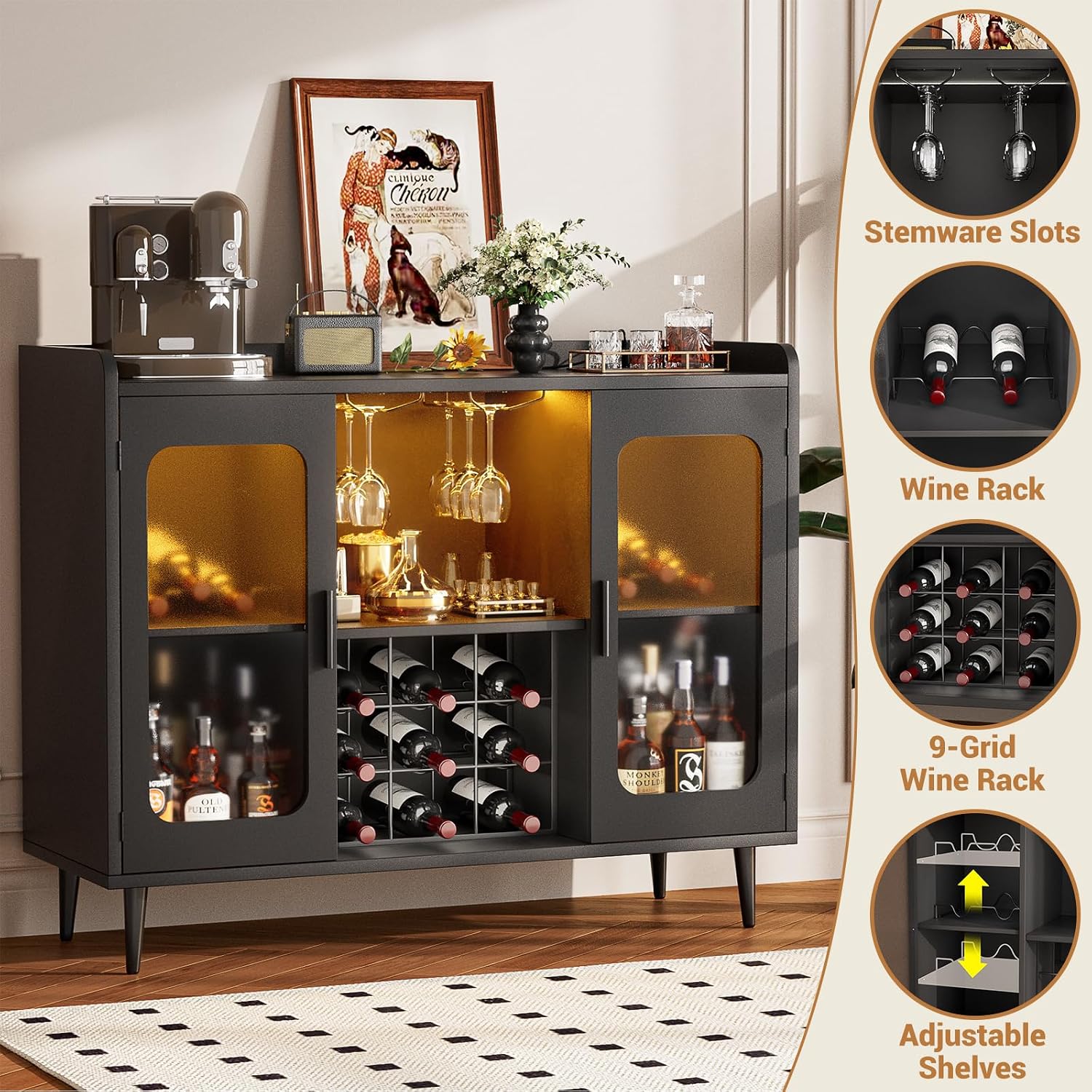 iSunirm Bar Cabinet with LED Light and Glass Holder, Home Coffee Bar Cabinet, Buffet Sideboard with Storage Shelf for Kitchen, Dining Room, Black