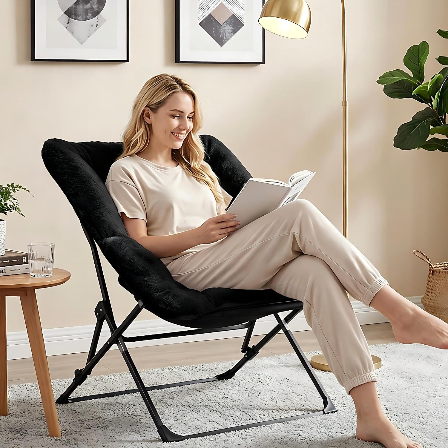 OAKHAM Comfy Chair for Adults, Soft Faux Fur Folding Lounge for Bedroom Living Room Dorm Rooms Flexible Reading Chair for Teens Kids, X-Large Foldable (Faux Fur-Charcoal Black)