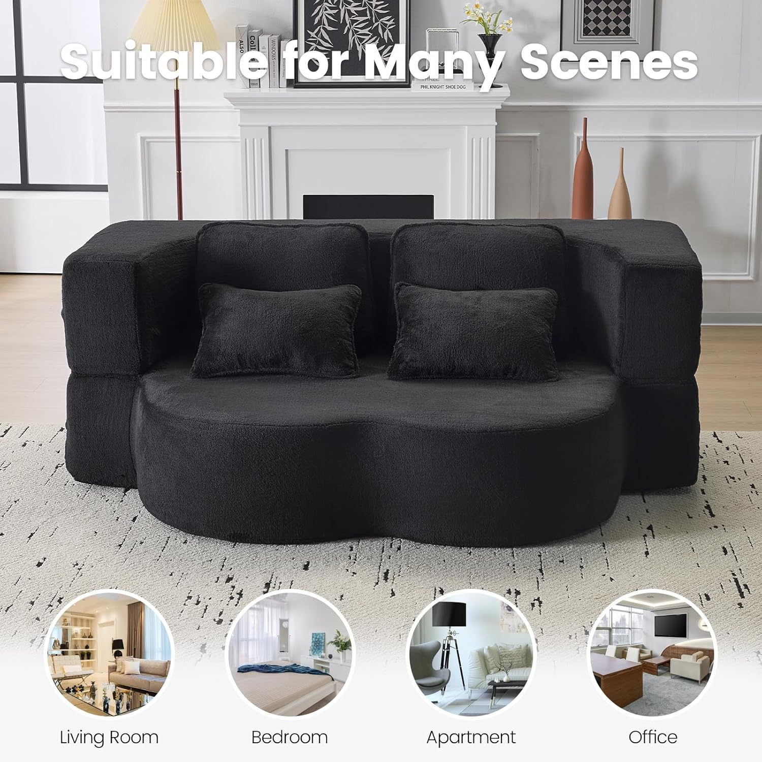 78” Folding Sleeper Sofa Bed, Full Size Boneless Couch, Black | Convertible Loveseat, Deep Seat, Soft Chenille, 4 Pillows, No Assembly Required, for Guest Living Room Bedroom