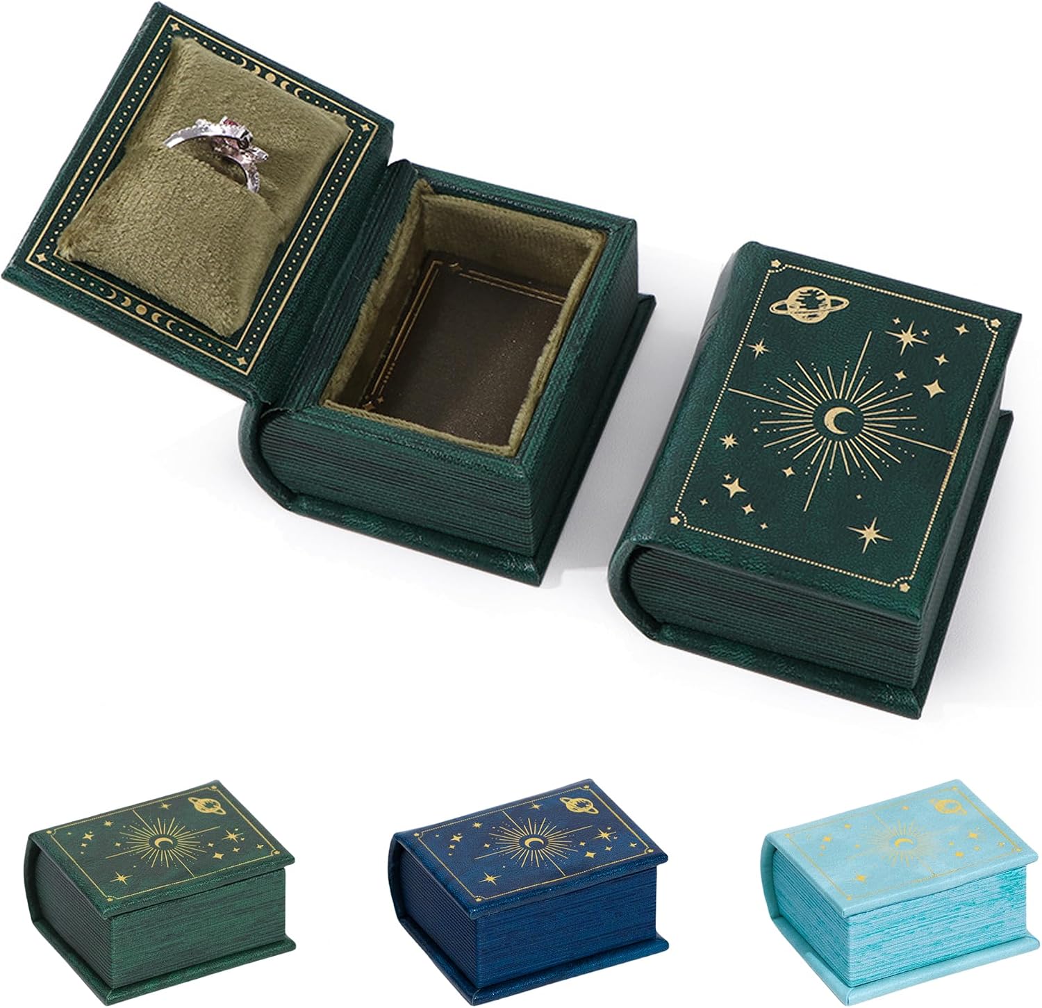 Vintage Magic Book-Shaped Ring Box Starry Sky Pattern PU Leather with Magnetic Closure for Proposal Engagement Gift (Green)